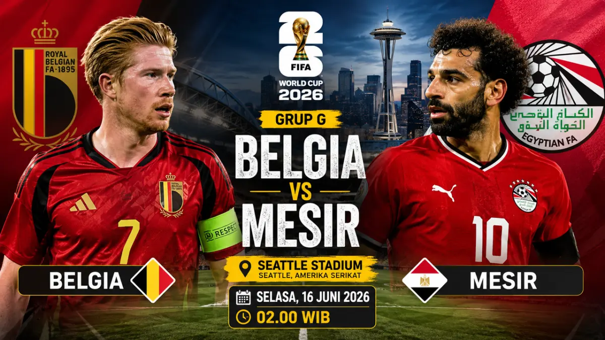 Belgia dan Mesir membuka Grup G Piala Dunia 2026 di Seattle. Duel De Bruyne kontra Salah diprediksi berlangsung ketat dan menarik. (ilustrasi AI)