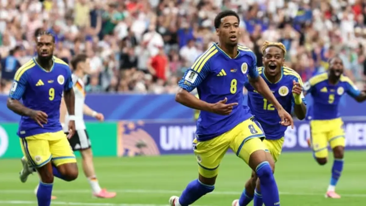 Pemain Curacao Livano Comenencia merayakan gol ke gawang Jerman pada laga Grup E Piala Dunia 2026 di NRG Stadium Houston.(Foto: FIFA)
