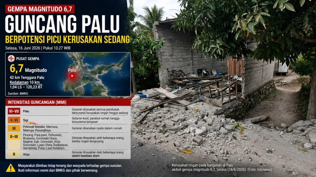 Gempa magnitudo 6,7 mengguncang Palu, Sulawesi Tengah, Selasa (16/6/2026). BMKG mencatat intensitas VI-VII MMI yang berpotensi menimbulkan kerusakan sedang pada bangunan rentan.