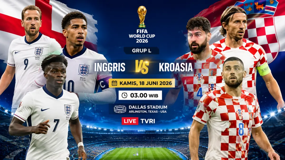 Kapten Inggris Harry Kane dan gelandang Kroasia Luka Modric menjadi sorotan jelang laga Grup L Piala Dunia 2026 di Dallas Stadium, Arlington, Texas, Kamis (18/6/2026) dini hari WIB. (AI)
