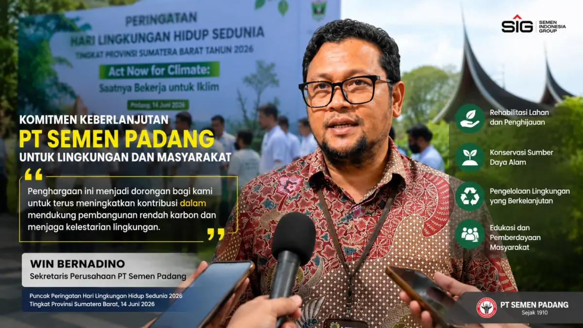 Sekretaris Perusahaan PT Semen Padang, Win Bernadino, menegaskan prinsip keberlanjutan menjadi bagian penting dalam operasional perusahaan melalui berbagai program lingkungan dan pemberdayaan masyarakat. (AI)