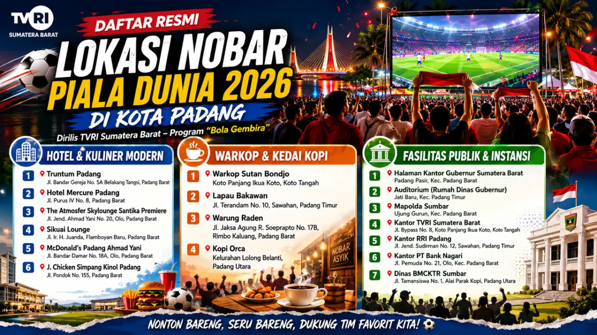 TVRI Sumbar merilis daftar resmi lokasi nobar Piala Dunia 2026 di Kota Padang yang tersebar di hotel, warkop, dan fasilitas publik untuk masyarakat.