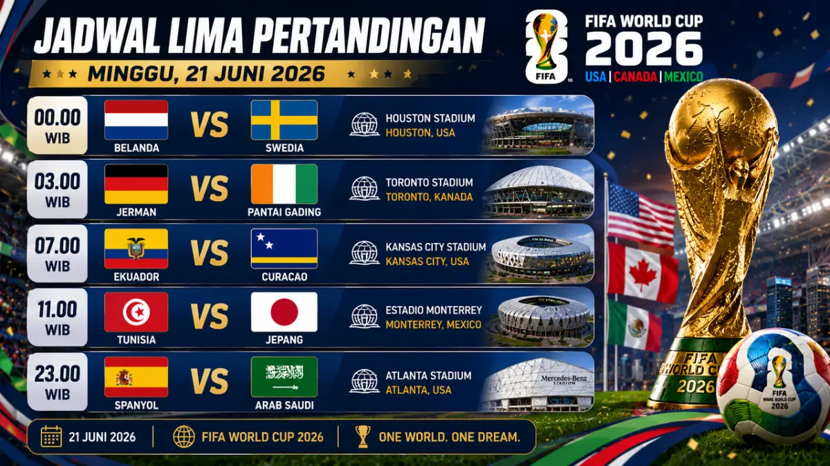 Lima laga menarik Piala Dunia 2026 tersaji akhir pekan ini. Berikut prediksi, jadwal, stadion, dan peluang masing-masing tim meraih poin.
