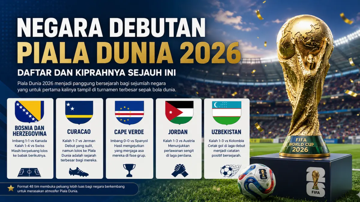 Piala Dunia 2026 menghadirkan sejumlah negara debutan. Berikut daftar tim yang untuk pertama kali tampil serta perjalanan mereka sejauh ini. (AI)