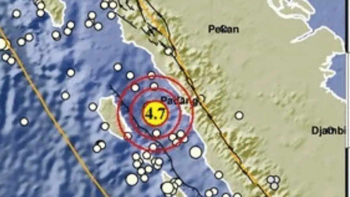 Peta lokasi gempa Magnitudo 4,7 di barat daya Pariaman, Sumatera Barat, berdasarkan data BMKG.