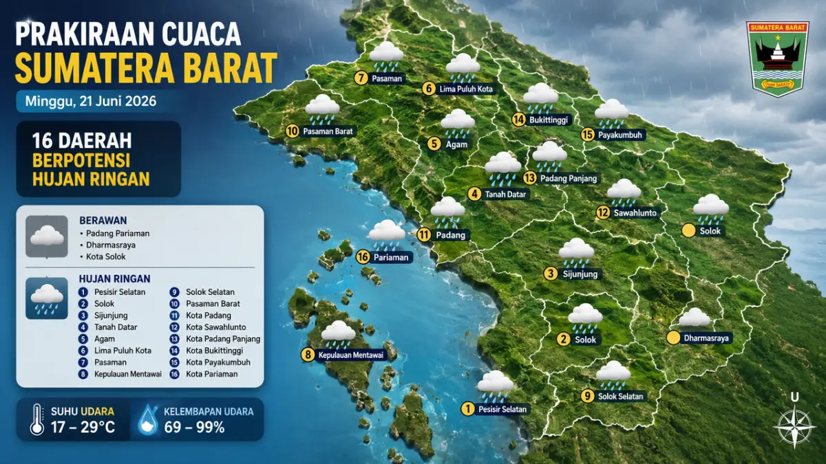 Prakiraan Cuaca Sejumlah Wilayah Sumbar Minggu 21 Juni 2026, Potensi Hujan Ringan di beberapa Wilayah.