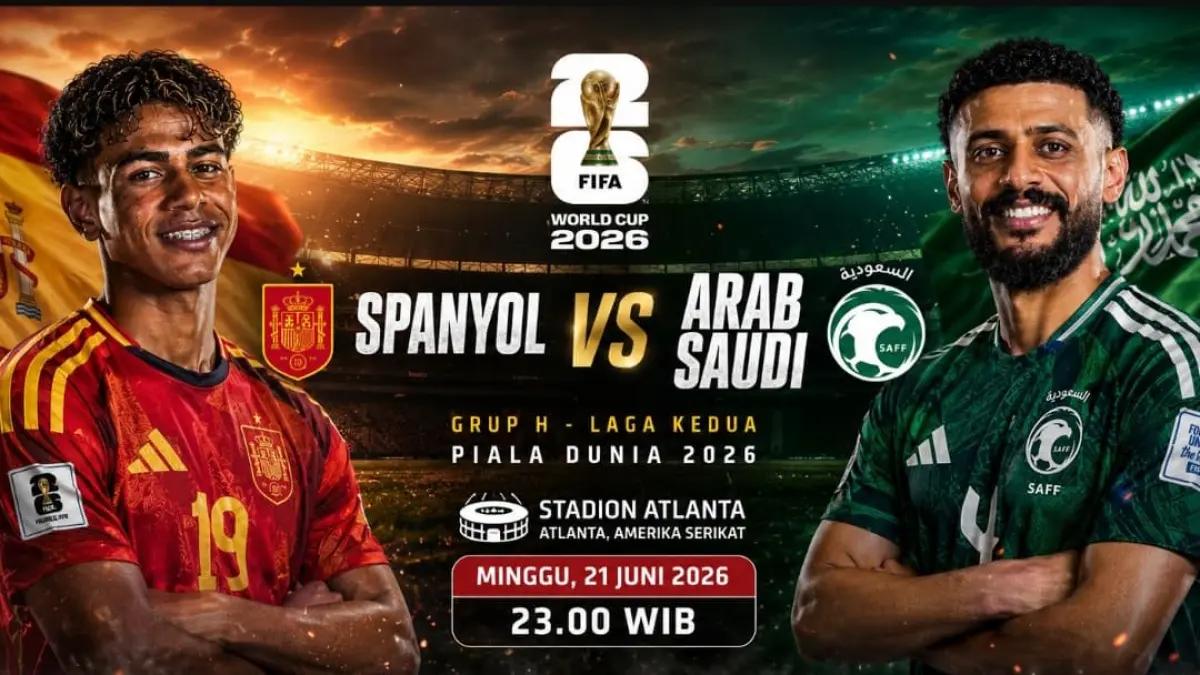 Timnas Spanyol vs Arab Saudi berhadapan pada laga kedua Grup H Piala Dunia 2026, di Stadion Atlanta, Minggu (21/6/2026) pukul 23.00 WIB.(Foto ilustrasi AI)