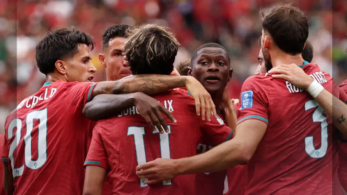 Pemain Portugal merayakan keunggulan 3-0 di babak pertama saat menghadapi Uzbekistan pada laga Grup K Piala Dunia 2026 di Houston Stadium, Texas. (Foto: X @selecaoportugal) 