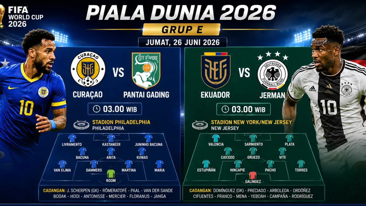 Curaçao menghadapi Pantai Gading, sementara Ekuador menantang Jerman pada laga penentuan Grup E Piala Dunia 2026 menuju fase gugur.