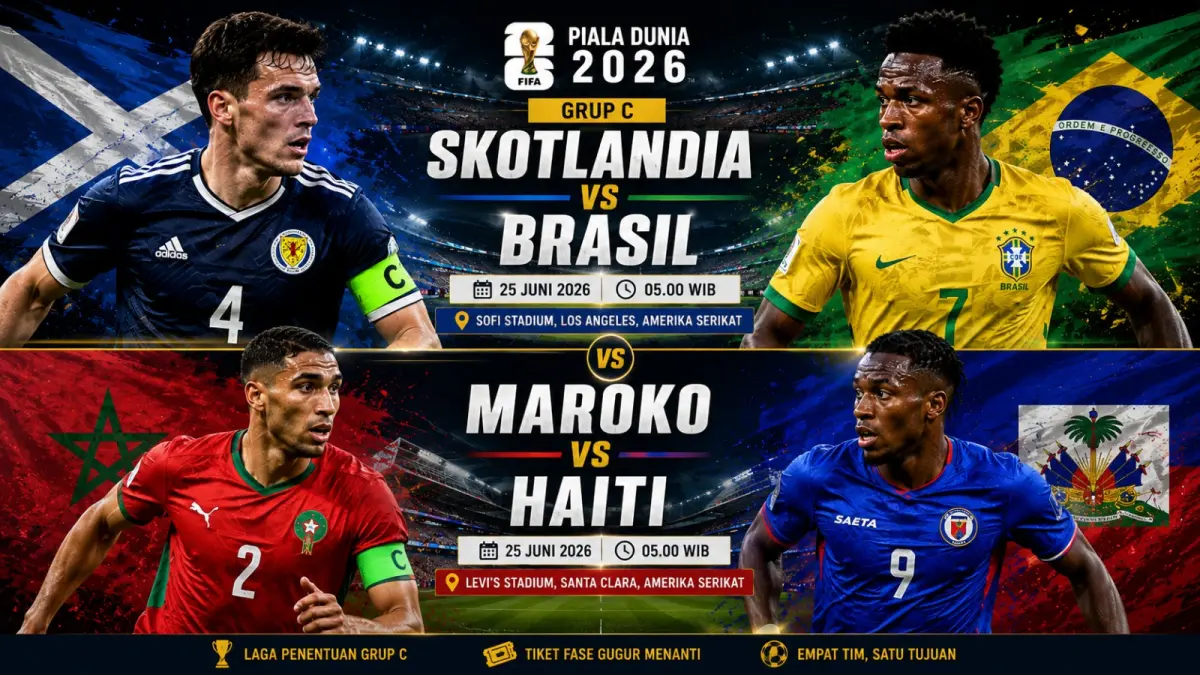 Duel Brasil melawan Skotlandia dan pertandingan Maroko kontra Haiti pada laga terakhir Grup C Piala Dunia 2026. (AI)
