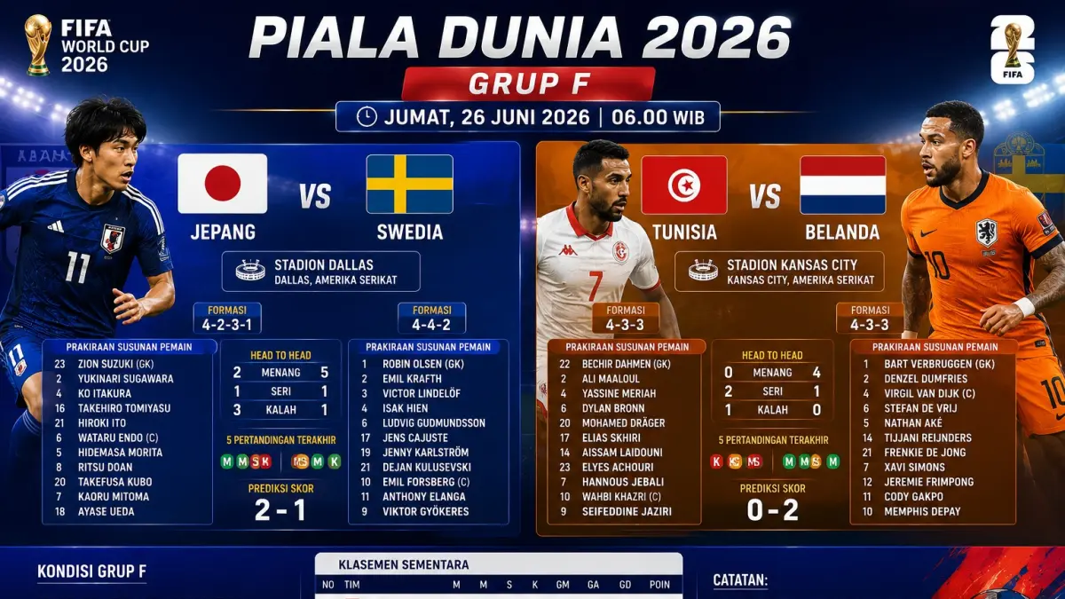 Jepang, Swedia, Belanda, dan Tunisia menjalani laga penentuan Grup F Piala Dunia 2026 untuk memperebutkan tiket fase gugur.