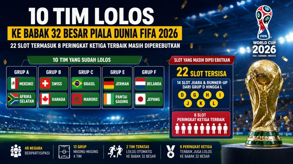 Ilustrasi babak 32 besar Piala Dunia FIFA 2026. Sebanyak 10 tim sudah lolos ke fase gugur, sedangkan 22 slot, termasuk delapan peringkat ketiga terbaik, masih menjadi rebutan pada sisa pertandingan fase grup. (AI)