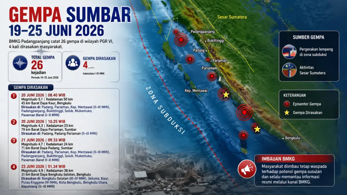 Peta sebaran episenter gempa bumi di wilayah Pusat Gempa Regional (PGR) VI selama periode 19-25 Juni 2026. (BMKG Padangpanjang/grafis AI)