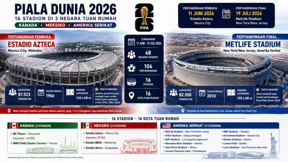 16 stadion megah Piala Dunia 2026, dari Azteca hingga MetLife siap jadi panggung sejarah sepak bola dunia. (Ilustrasi AI)
