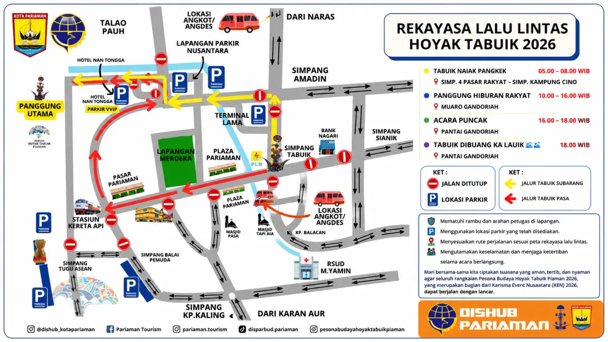 Dinas Perhubungan Kota Pariaman memberlakukan rekayasa lalu lintas dan menyiapkan sejumlah kantong parkir selama puncak Pesona Budaya Hoyak Tabuik Piaman, Minggu 28 Juni 2026.