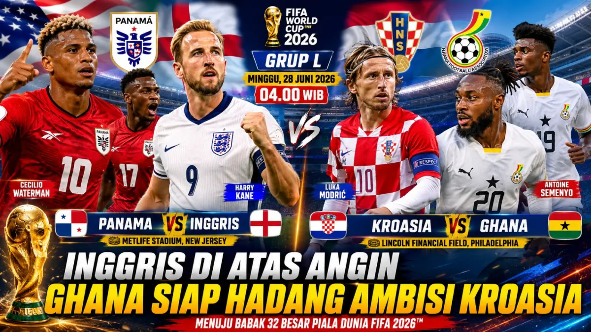 Inggris difavoritkan mengalahkan Panama, sementara Ghana berpeluang menjegal ambisi Kroasia merebut tiket babak 32 besar Piala Dunia FIFA 2026.