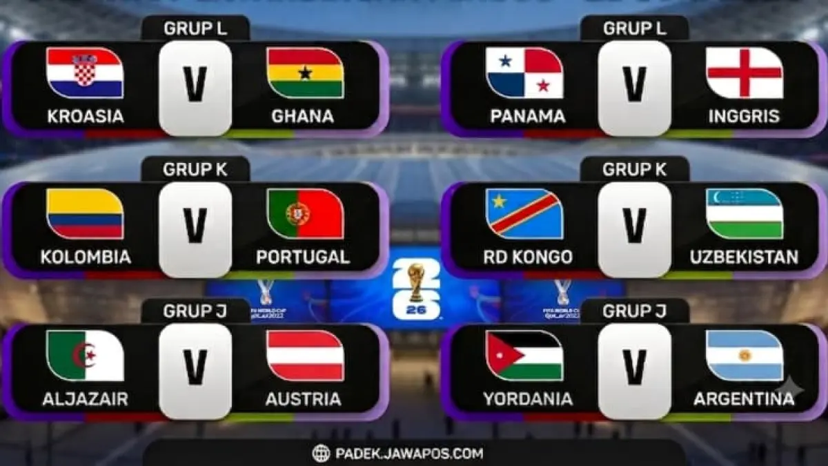 Jadwal pertandingan Piala Dunia 2026 pada Minggu (28/6) WIB menghadirkan enam laga fase grup, termasuk Kolombia vs Portugal, Panama vs Inggris dan Yordania vs Argentina.