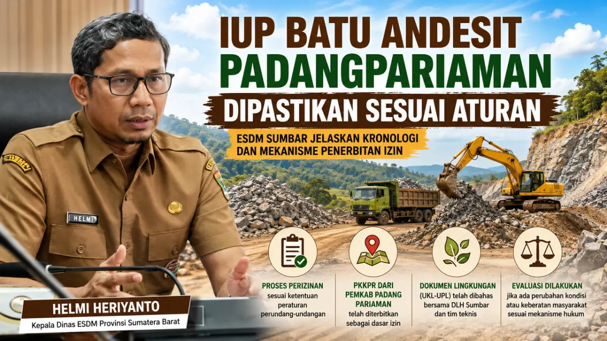Kepala Dinas ESDM Sumbar Helmi Heriyanto memberikan penjelasan mengenai proses penerbitan Izin Usaha Pertambangan (IUP) batu andesit di Nagari Kasang, Kecamatan Batang Anai, Kabupaten Padangpariaman, Sabtu (27/6/2026). (Ilustrasi AI)