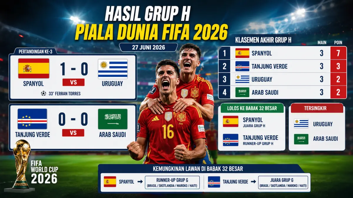 Spanyol patut merayakan kemenangan 1-0 atas Uruguay pada laga terakhir Grup H Piala Dunia FIFA 2026 yang memastikan La Roja lolos ke babak 32 besar sebagai juara grup.
