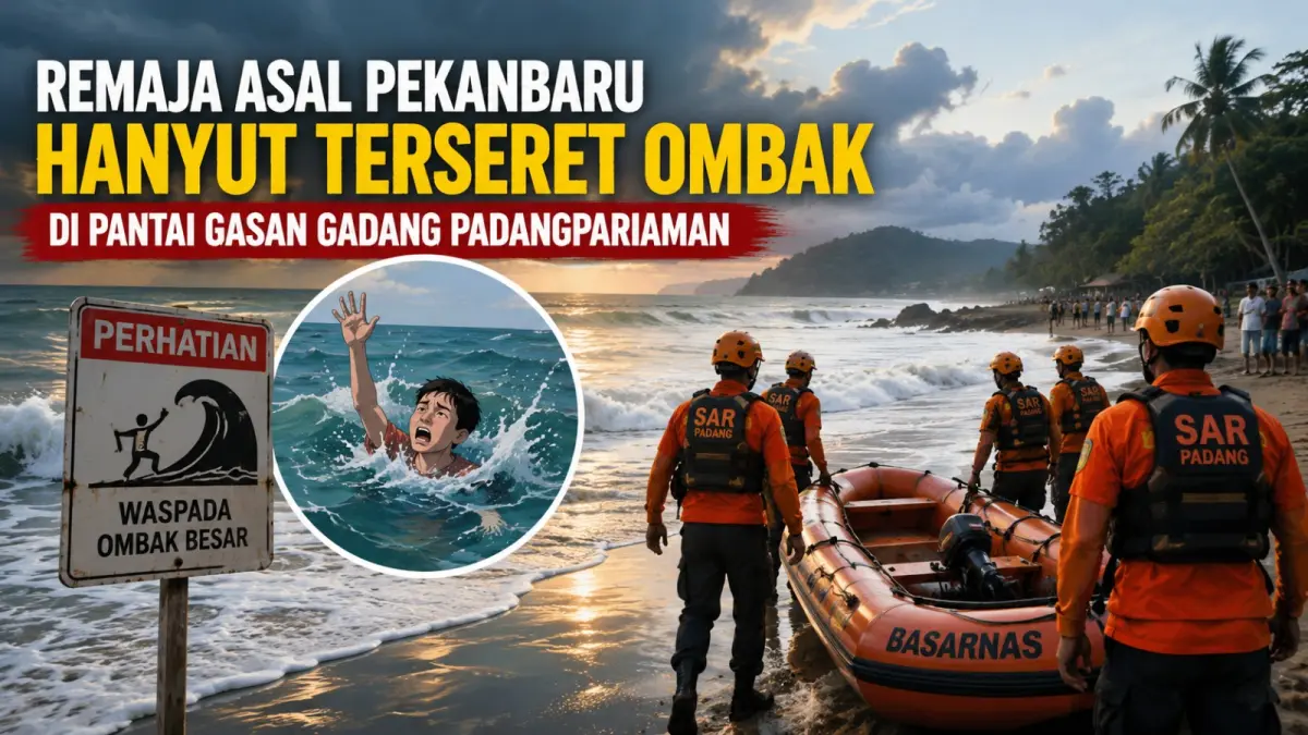 Tim SAR dari Unit Siaga SAR Agam melakukan operasi pencarian terhadap remaja asal Pekanbaru yang dilaporkan hanyut di Pantai Gasan Gadang, Kabupaten Padangpariaman, Sabtu (27/6/2026). (Ilustrasi AI)