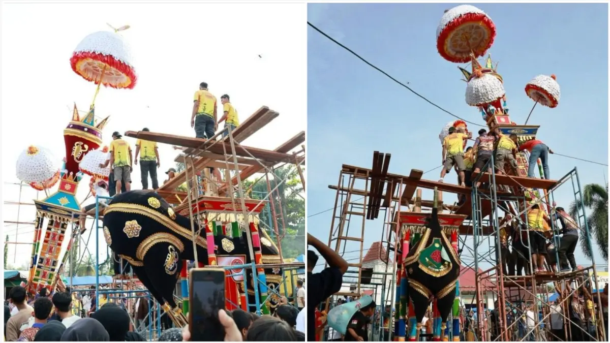Hari ini, ribuan masyarakat, perantau Minang, dan wisatawan dari berbagai daerah memadati Pantai Gandoriah menyaksikan prosesi Tabuik Naiak Pangkek di Kota Pariaman.