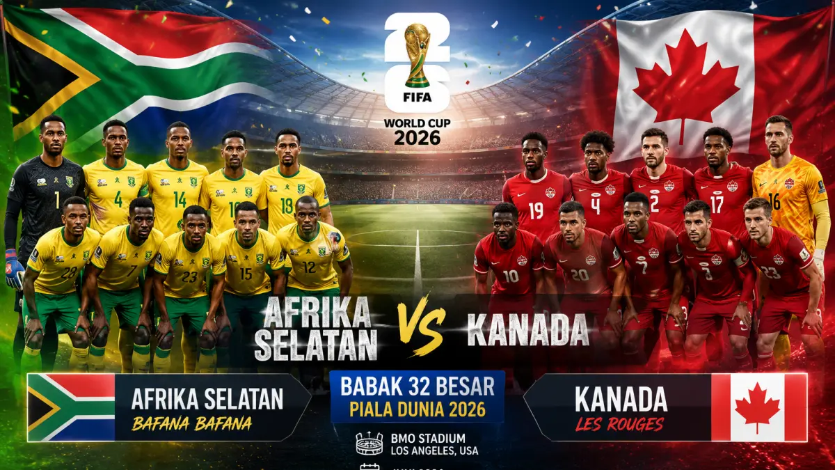 Pertarungan fase gugur Piala Dunia 2026 antara Afrika Selatan vs Kanada, Senin 29 Juni 2026 Pukul 02.00 WIB.