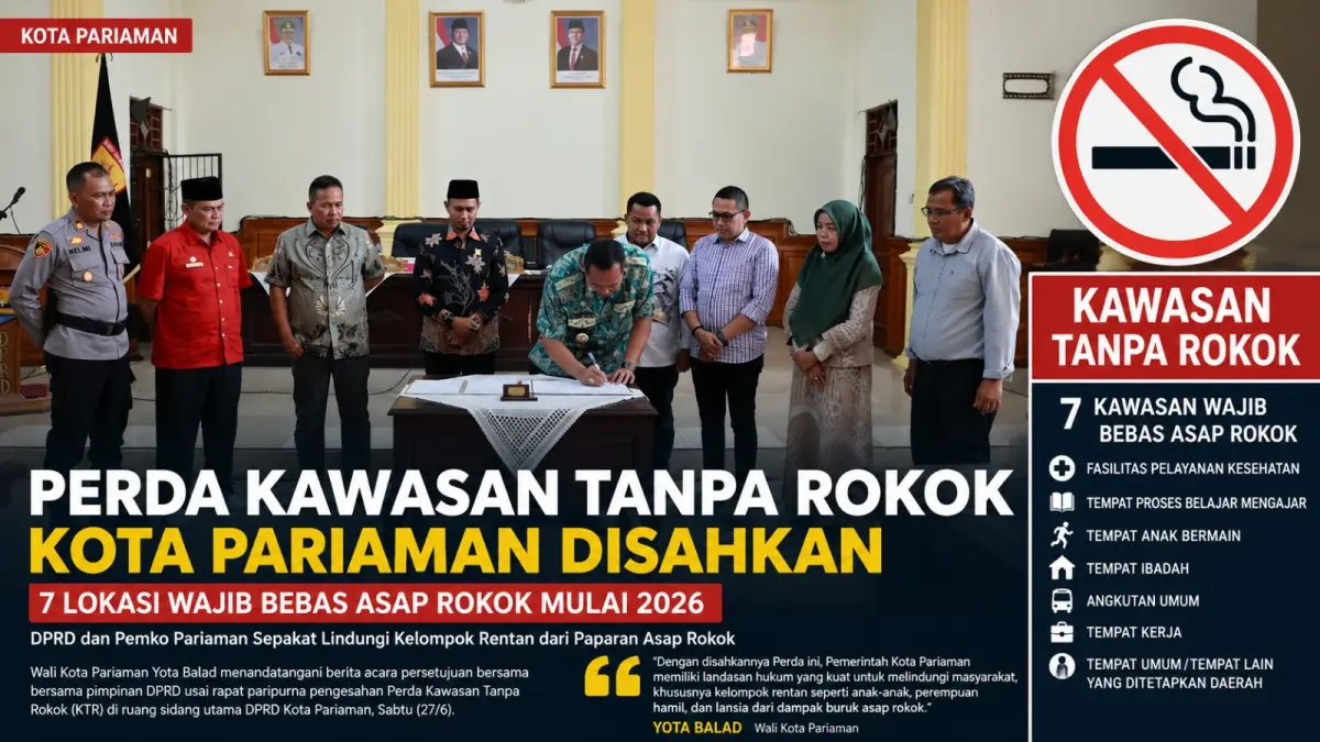 Wali Kota Pariaman Yota Balad menandatangani berita acara pengesahan Perda Kawasan Tanpa Rokok (KTR) Tahun 2026 pada rapat paripurna DPRD Kota Pariaman yang turut dihadiri Wakil Wali Kota Mulyadi, Sabtu (27/6/2026).