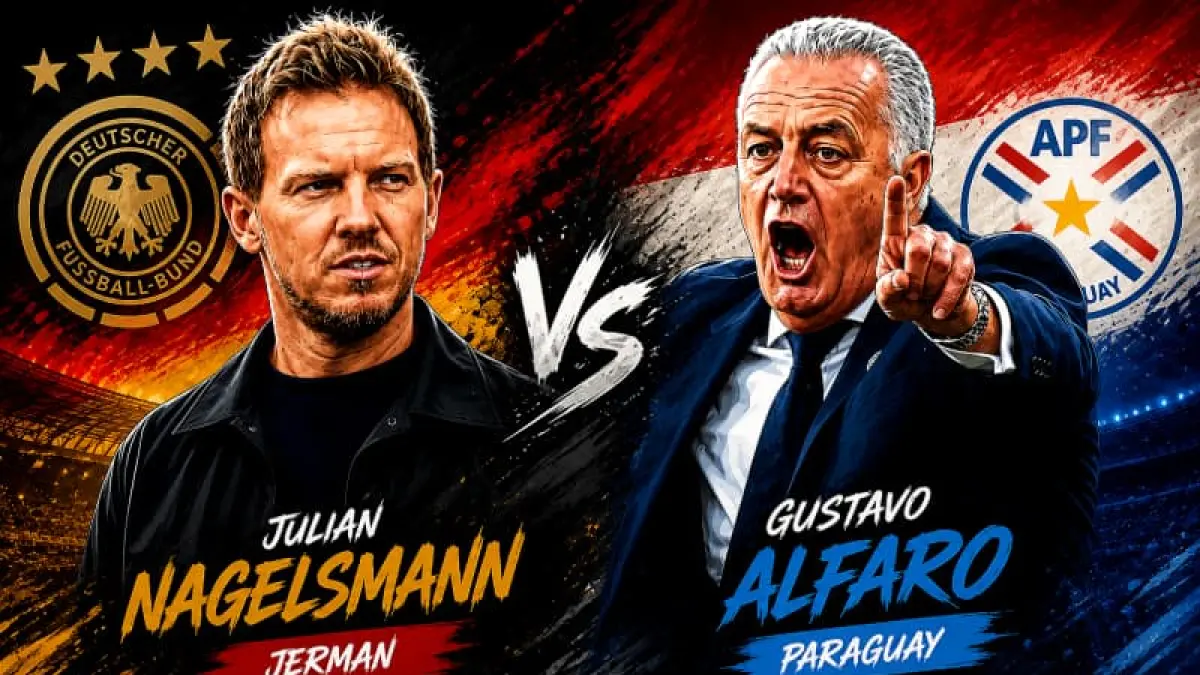 Julian Nagelsmann dan Gustavo Alfaro bakal adu taktik dalam memimpin timnya pada laga Jerman vs Paraguay di Babak 32 Besar Piala Dunia 2026.(Foto ilustrasi AI)