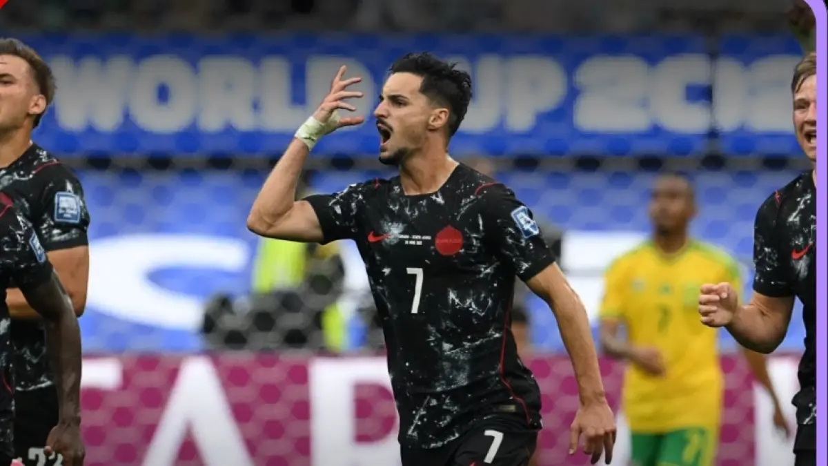 Stephen Eustaquio merayakan gol kemenangan Kanada ke gawang Afrika Selatan yang memastikan tiket ke babak 16 besar Piala Dunia 2026.(Foto: FIFA)
