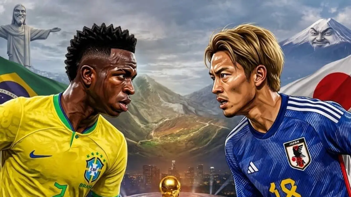 Vinicius Junior dan Ayase Ueda bakal berduel pada laga Brasil vs Jepang di Babak 32 Besar Piala Dunia 2026.(Foto: Ilustrasi AI)