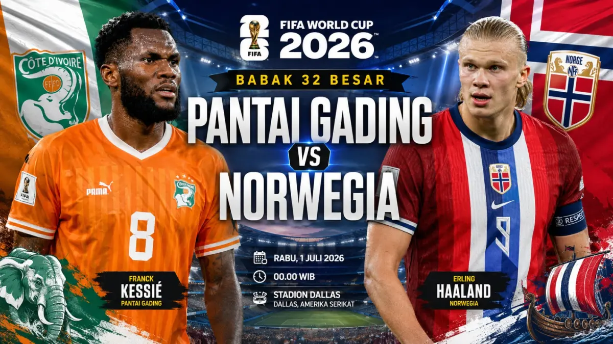 Prediksi Pantai Gading vs Norwegia pada babak 32 besar Piala Dunia 2026 akan berlangsung di Stadion Dallas, Arlington, Amerika Serikat, Rabu (1/7/2026) pukul 00.00 WIB.