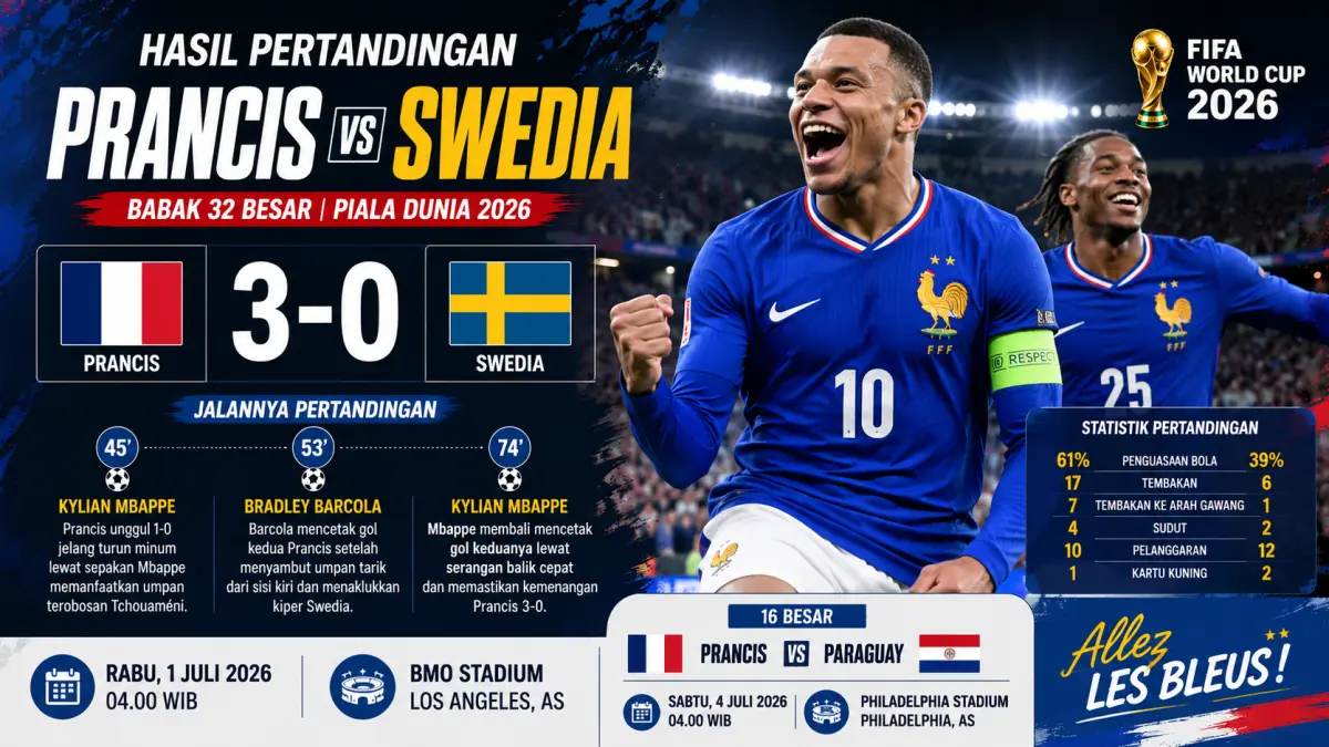 Prancis mengalahkan Swedia 3-0 lewat dua gol Kylian Mbappe dan satu gol Bradley Barcola untuk lolos ke 16 besar Piala Dunia 2026.