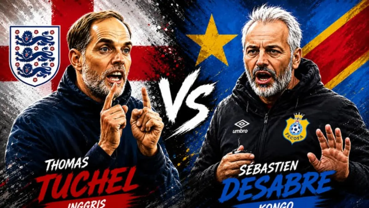 Thomas Tuchel dan Sebastien Desabre bakal adu taktik pada pertandingan Inggris vs Kongo di babak 32 besar Piala Dunia 2026 malam ini WIB.(Foto ilustrasi AI)