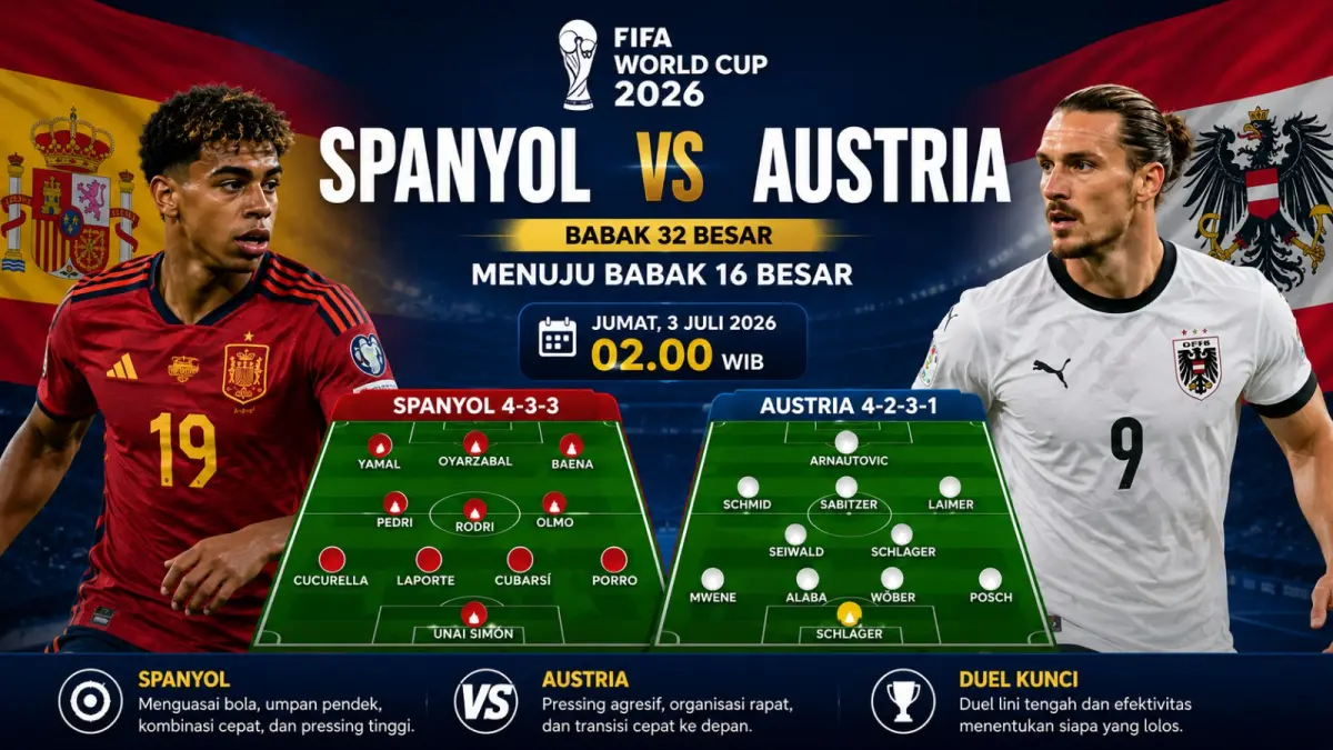 Spanyol diprediksi memakai formasi 4-3-3, dan Austria mengandalkan 4-2-3-1 dalam duel babak 32 besar Piala Dunia 2026 menuju 16 besar.