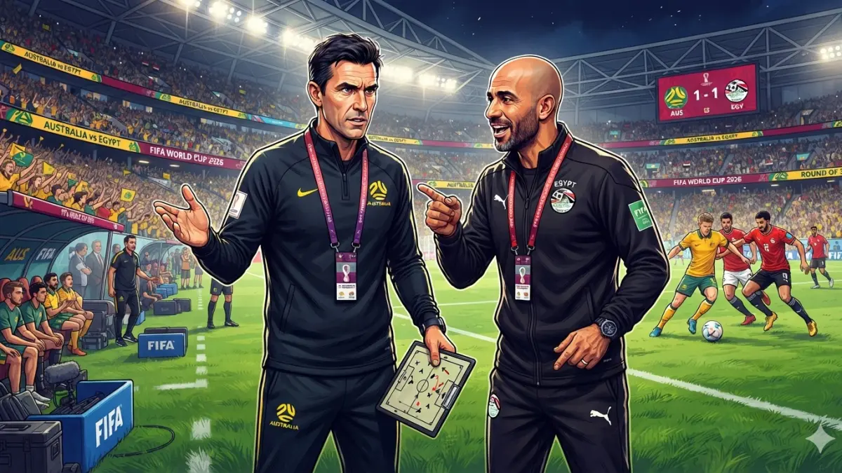 Australia vs Mesir pada babak 32 besar Piala Dunia 2026 mempertemukan strategi Tony Popovic dan Hossam Hassan menentukan tiket 16 besar krusial. (Meta AI)