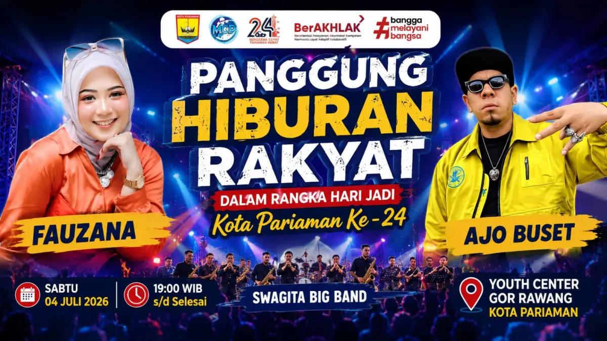 Poster Panggung Hiburan Rakyat Hari Jadi Kota Pariaman ke-24 yang menghadirkan Fauzana, Ajo Buset, dan Swagita Big Band di Youth Center GOR Rawang, Sabtu (4/7/2026).
