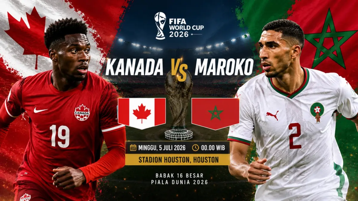 Duel Babak 16 Besar Piala Dunia FIFA 2026 antara Kanada dan Maroko di Stadion Houston, Minggu dini hari (5/7/2026), 00.00 WIB. (Ilustrasi AI)