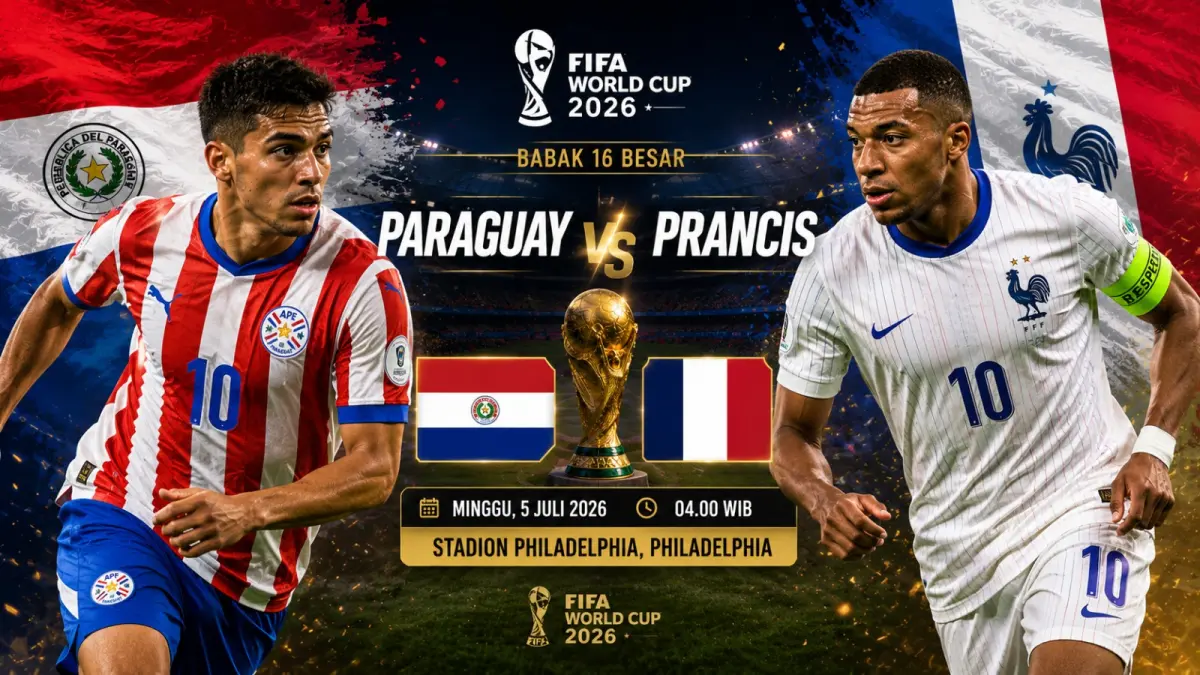 Pemain Prancis dan Paraguay bersiap menjalani duel Babak 16 Besar Piala Dunia FIFA 2026 di Stadion Philadelphia. Les Bleus lebih diunggulkan, namun Los Guaraní membawa modal kepercayaan diri tinggi setelah menyingkirkan Jerman. (Iustrasi AI)