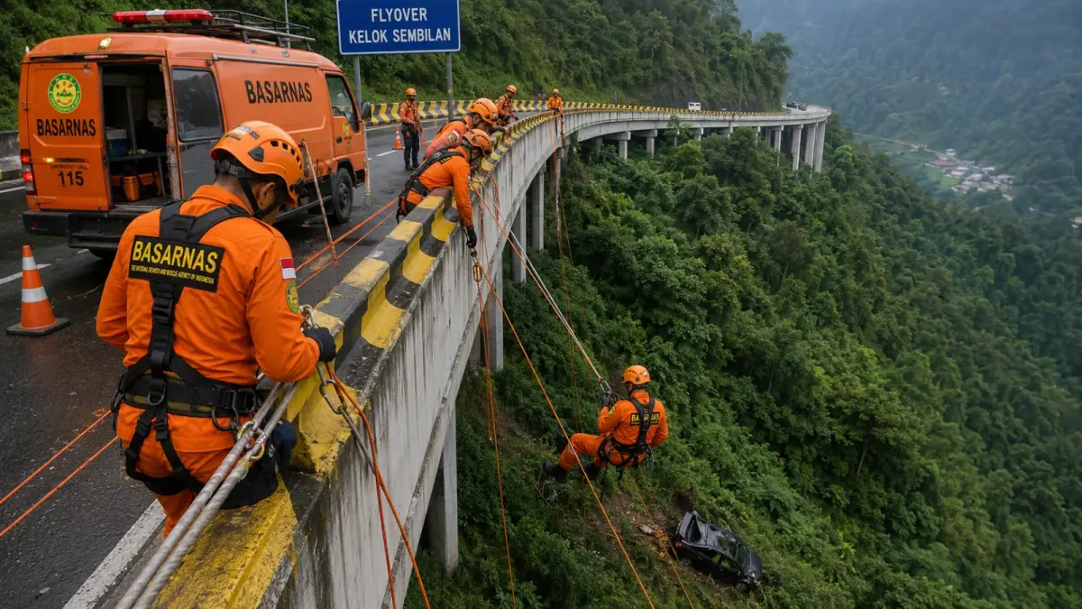 Personel Rescuer Pos SAR Limapuluh Kota bersiap melakukan operasi penyelamatan terhadap kecelakaan mobil yang terjun ke jurang di kawasan Flyover Kelok Sembilan, Kecamatan Harau, Kabupaten Limapuluh Kota, Sabtu (4/7/2026). (Ilustrasi AI)