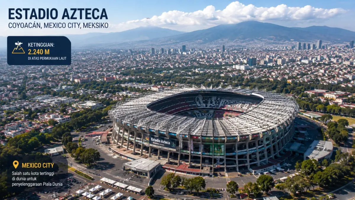 Pemandangan udara Estadio Azteca di kawasan Coyoacán, Mexico City, Meksiko. Stadion legendaris yang berada di ketinggian sekitar 2.240 meter di atas permukaan laut itu menjadi arena duel babak 16 besar Piala Dunia 2026 antara Inggris dan tuan rumah Meksiko. (Ilustrasi AI)