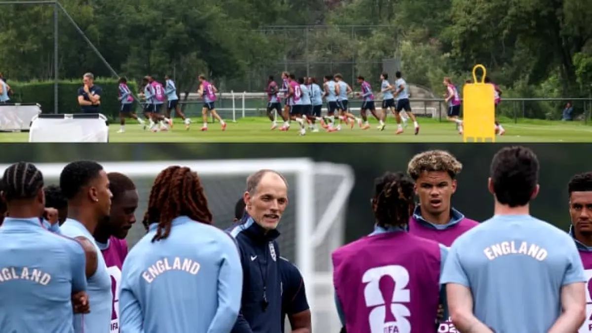 Pelatih Inggris Thomas Tuchel memimpin latihan tim jelang laga melawan Meksiko di Babak 16 Besar Piala Dunia 2026. (Foto: X @england)