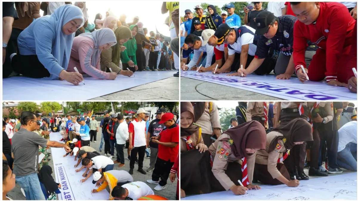 Pemerintah Kabupaten Tanahdatar bersama Forkopimda, tokoh adat, tokoh agama, dan berbagai elemen masyarakat menandatangani deklarasi penolakan LGBT dan narkoba di Lapangan Cindua Mato, Batusangkar, Minggu (5/7/2026).