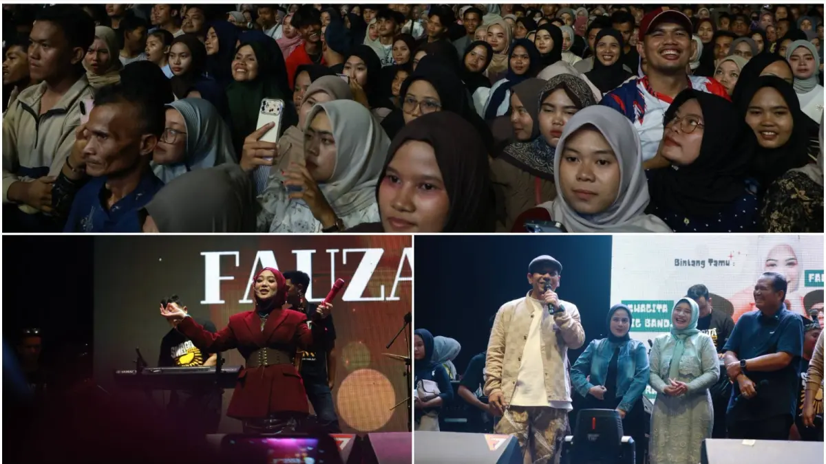Penyanyi Minang Fauzana dan Ajo Buset menghibur ribuan masyarakat pada panggung hiburan rakyat dalam rangka puncak peringatan Hari Jadi ke-24 Kota Pariaman di Lapangan Youth Center GOR Rawang, Sabtu (4/7/2026) malam.