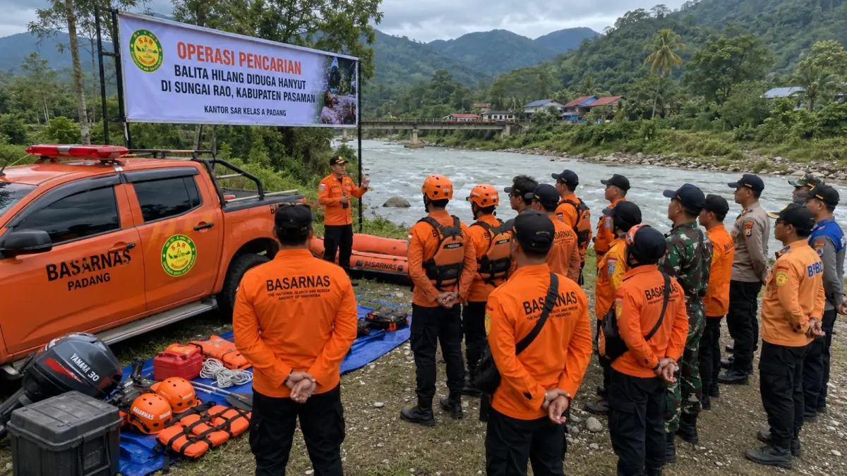 Tim SAR Kelas A Padang bersama unsur gabungan bersiap melakukan operasi pencarian terhadap Haikal, balita berusia 3,5 tahun yang diduga hanyut di Sungai Rao, Kabupaten Pasaman, Minggu (5/7/2026). (Ilustrasi AI)