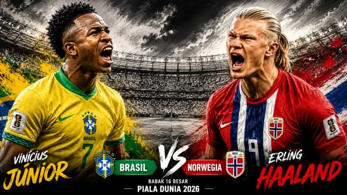 Vinicius Junior dan Erling Haaland bakal duel dalam laga Brasil vs Norwegia di Babak 16 Besar Piala Dunia 2026, malam ini. (Foto ilustrasi AI)