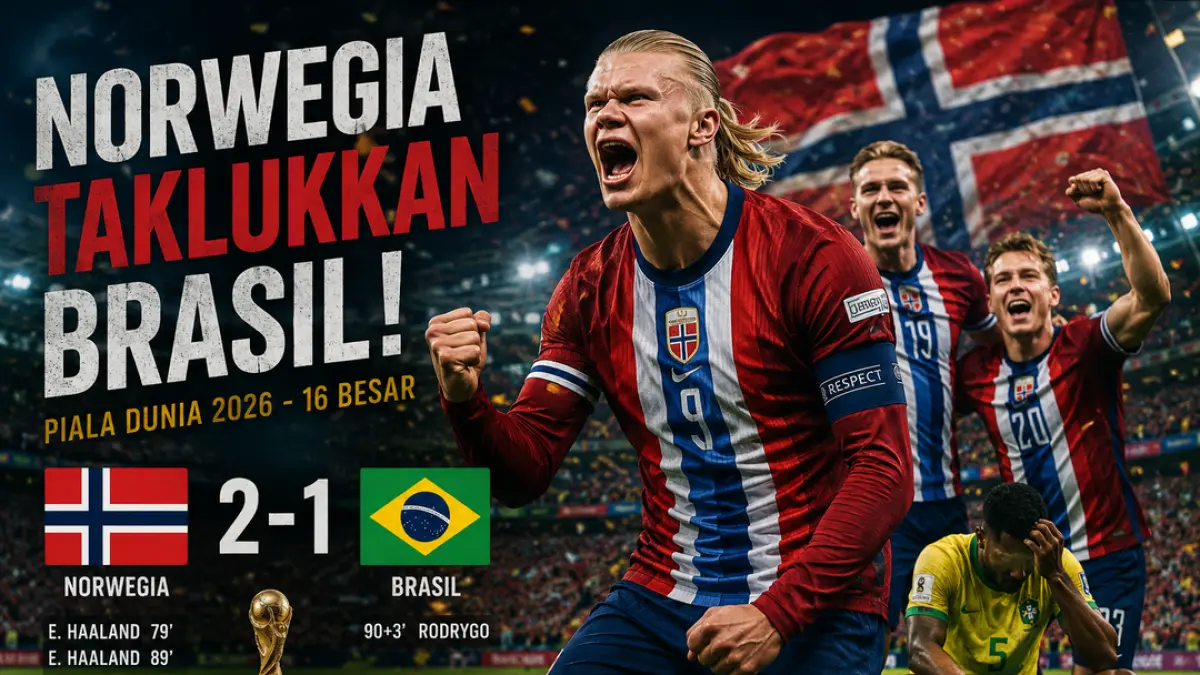 Brasil tersingkir dari Piala Dunia 2026 usai kalah 1-2 dari Norwegia, Haaland mencetak dua gol dan membawa timnya ke perempat final. (Ilustrasi AI)