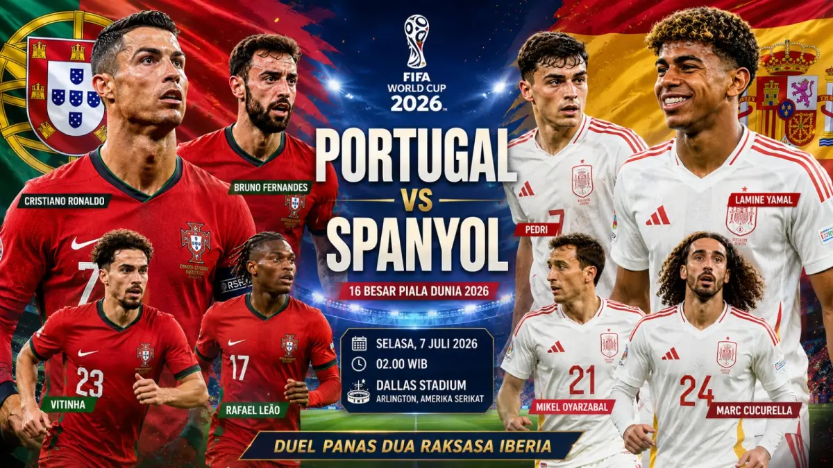 Cristiano Ronaldo dan Lamine Yamal diprediksi menjadi pusat perhatian saat Portugal menghadapi Spanyol pada babak 16 besar Piala Dunia 2026. Duel dua raksasa Semenanjung Iberia itu berlangsung Selasa (7/7/2026) pukul 02.00 WIB.