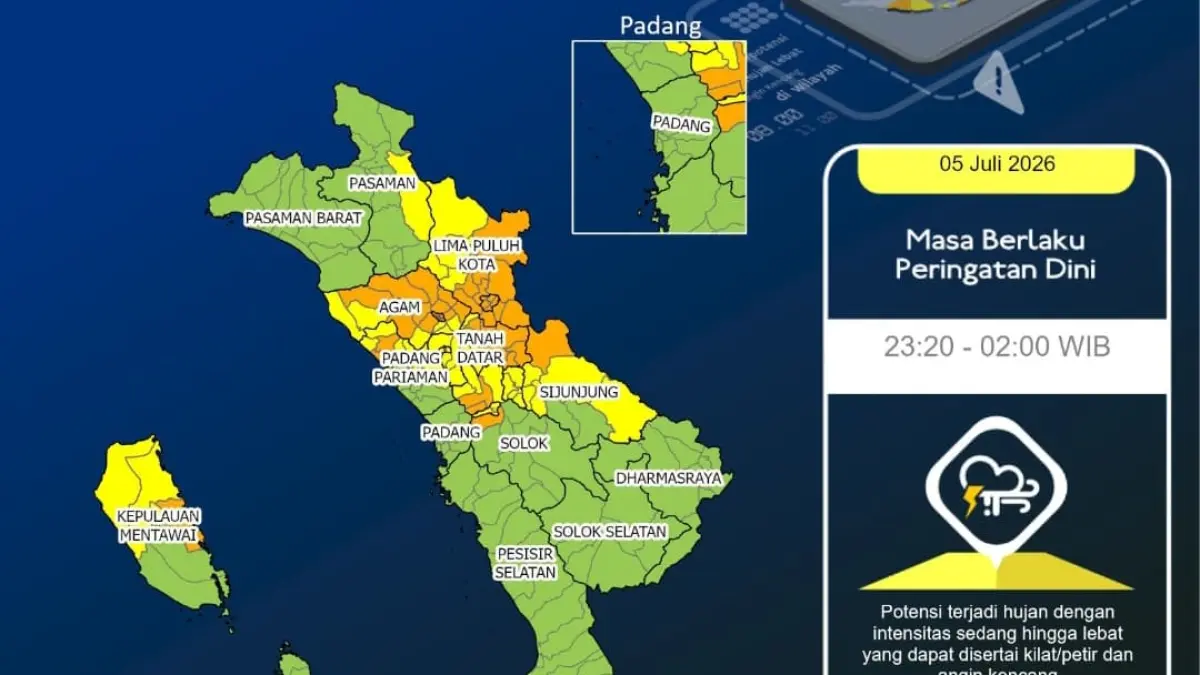Peta BMKG menunjukkan wilayah di Sumatera Barat yang berpotensi mengalami hujan lebat disertai petir dan angin kencang hingga dini hari.