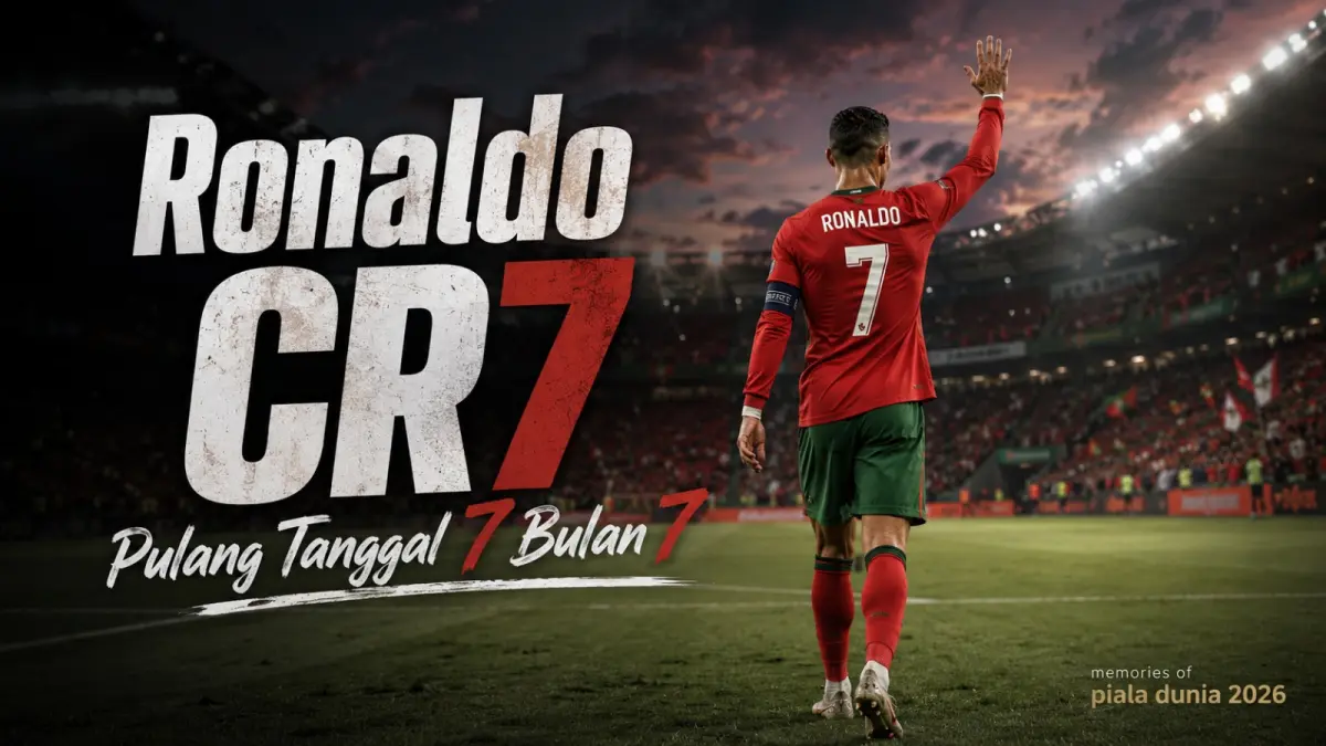 Cristiano Ronaldo berjalan meninggalkan lapangan dengan nomor punggung 7 sambil melambaikan tangan kepada suporter, menggambarkan momen emosional berakhirnya perjalanan Portugal di Piala Dunia 2026 pada 7 Juli. (Ilustrasi AI)