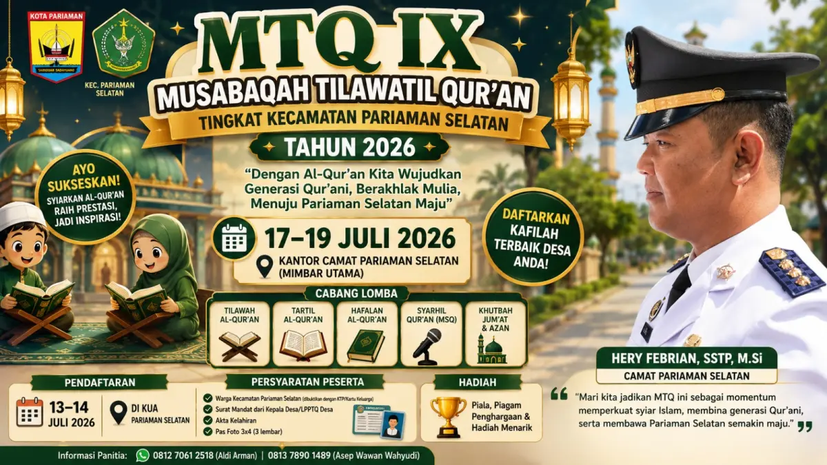 MTQ IX Kecamatan Pariaman Selatan digelar 17–19 Juli 2026 menghadirkan lima cabang lomba untuk melahirkan generasi Qur